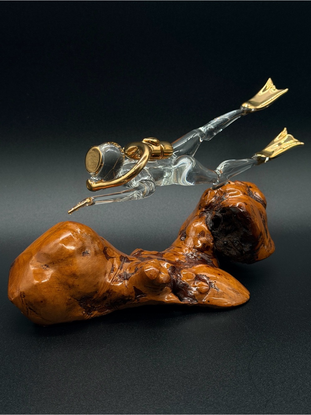 VTG Glass Baron 22k Gold Pyrex Glass Scuba Diver Wood Figurine 9” MINT 12oz